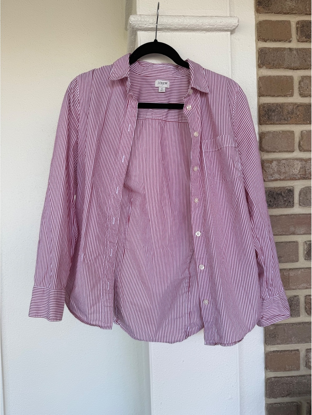 J.Crew Women's Red and White Striped Button-Up Shirt, Size Small